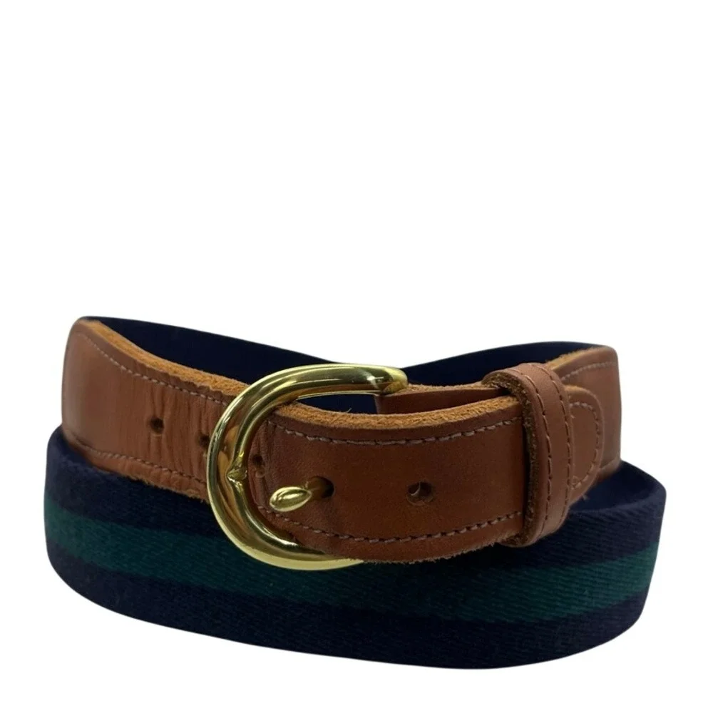 Preston New England Mens Size 36 Surcingle Belt Navy Green Striped Brass USA